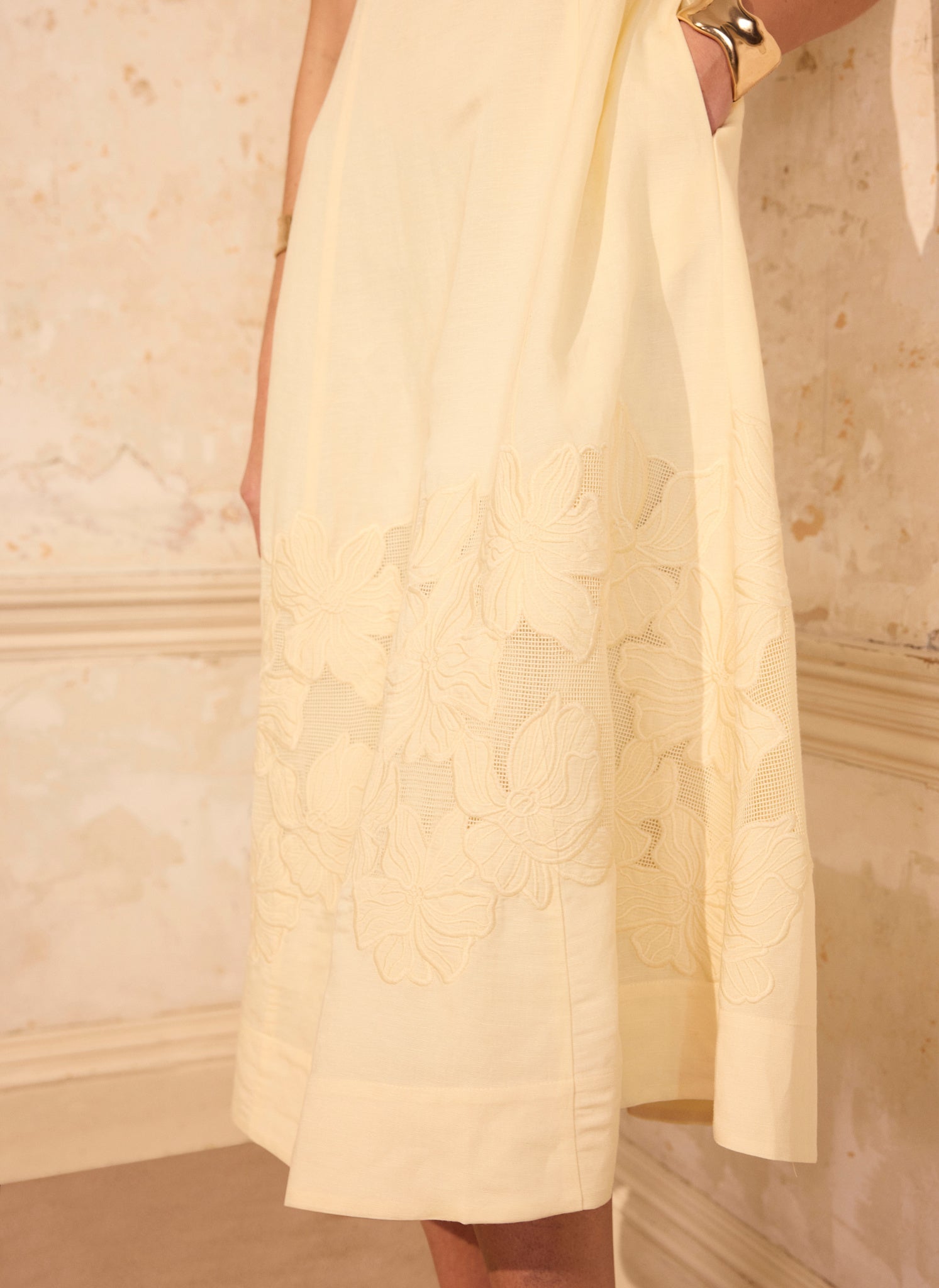 Yellow Linen Blend Lace Midi Dress