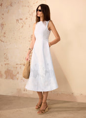 Blue Linen Blend Lace Midi Dress