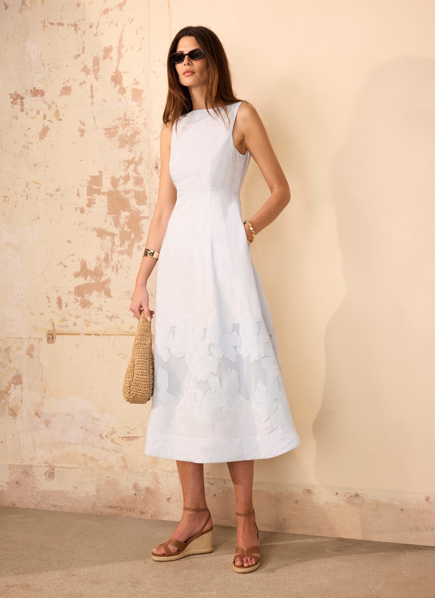 Blue Linen Blend Lace Midi Dress
