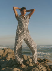 Navy Leaf Print Wide Leg Trousers