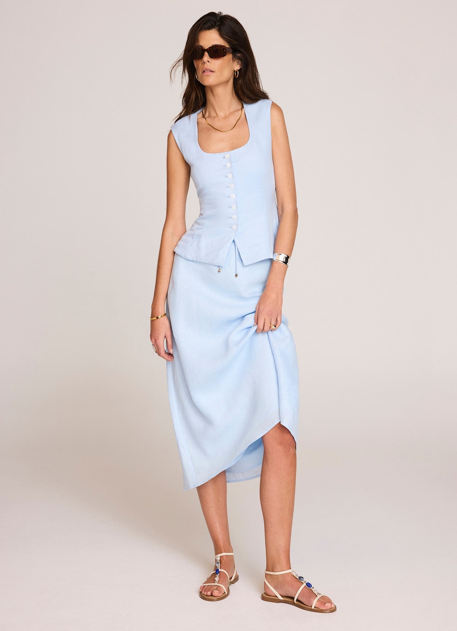 Pale Blue Linen Bias Midi Skirt