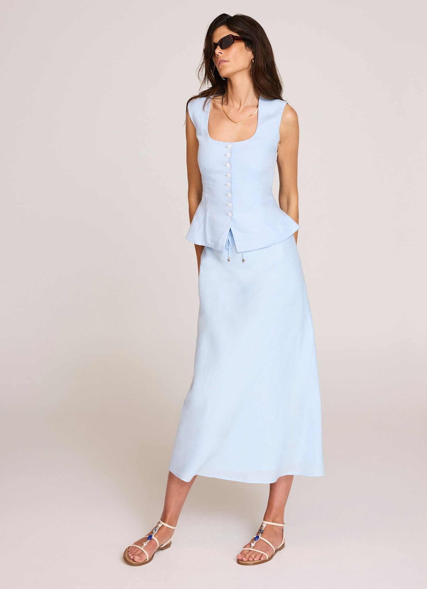 Pale Blue Linen Bias Midi Skirt