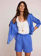 Blue Linen Drawstring Shorts