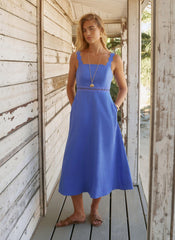 Blue Linen Scallop Trim Midi Dress