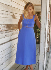Blue Linen Scallop Trim Midi Dress