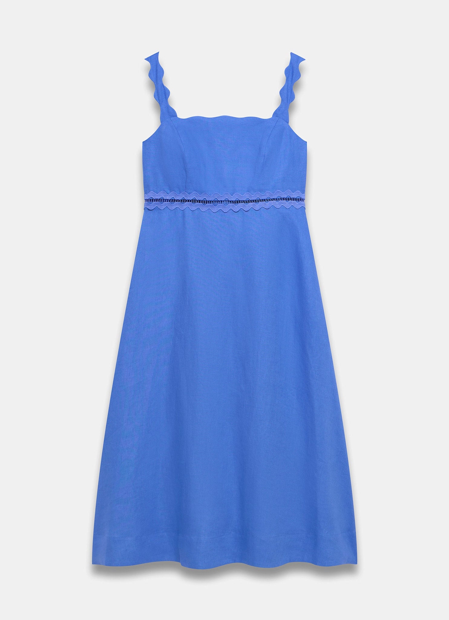 Blue Linen Scallop Trim Midi Dress