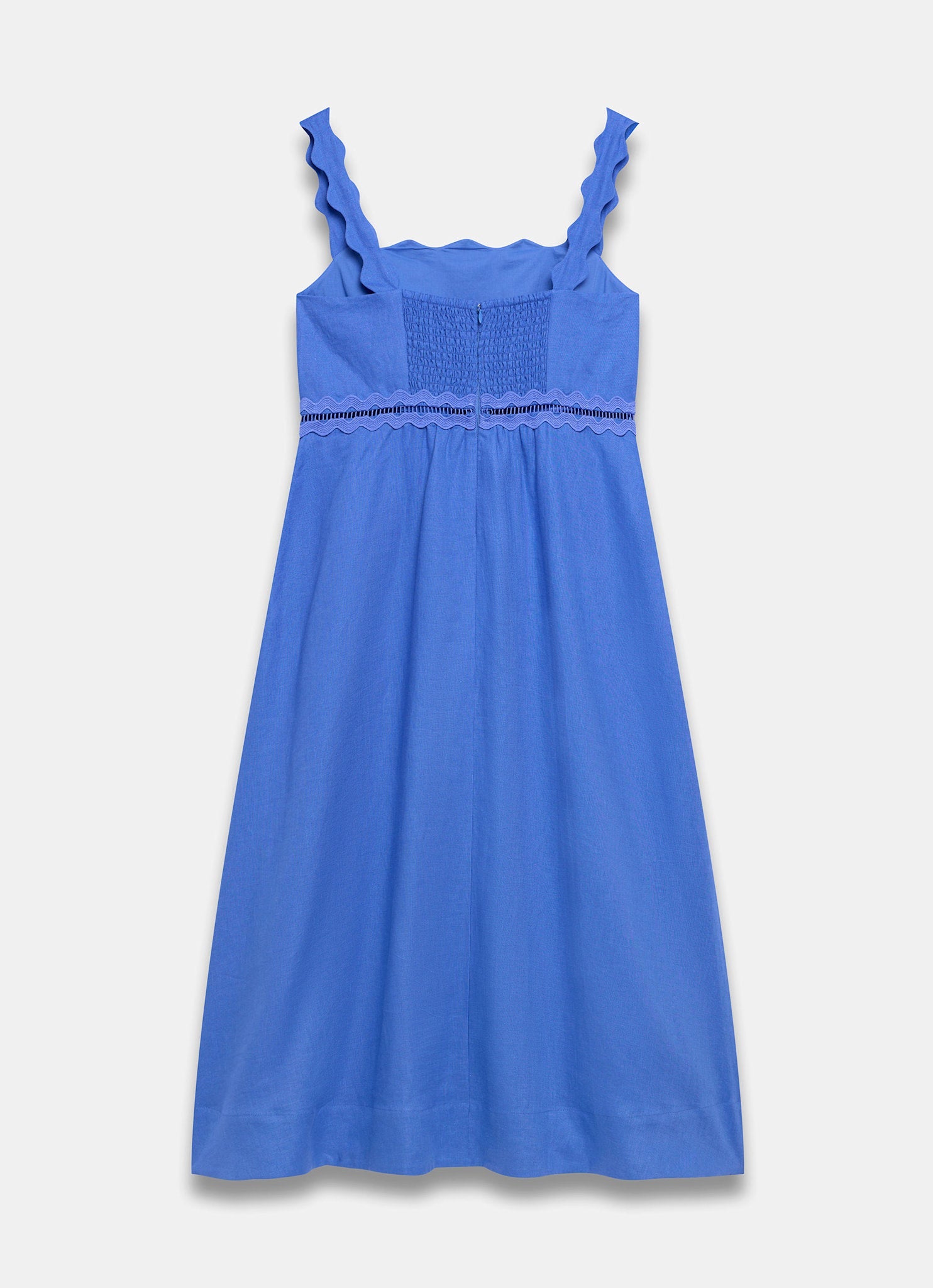 Blue Linen Scallop Trim Midi Dress