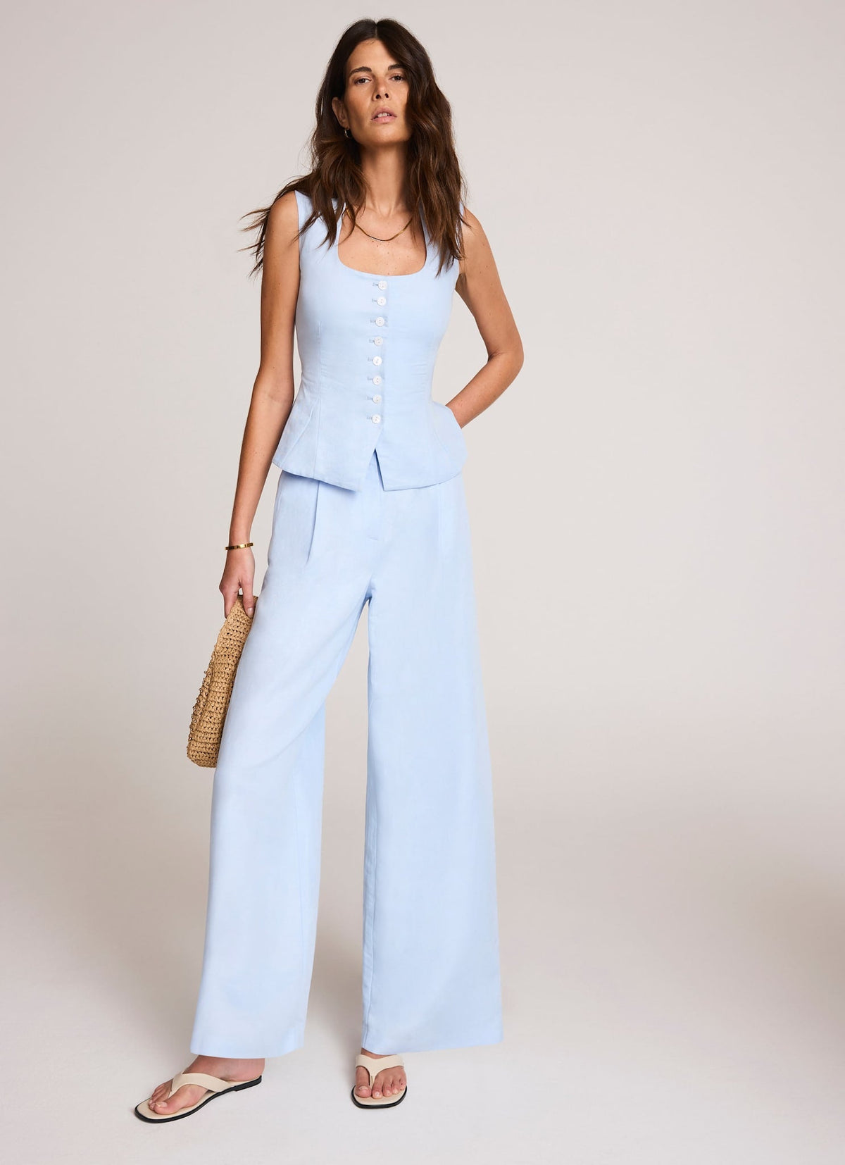 Blue Linen Blend Wide Leg Trousers