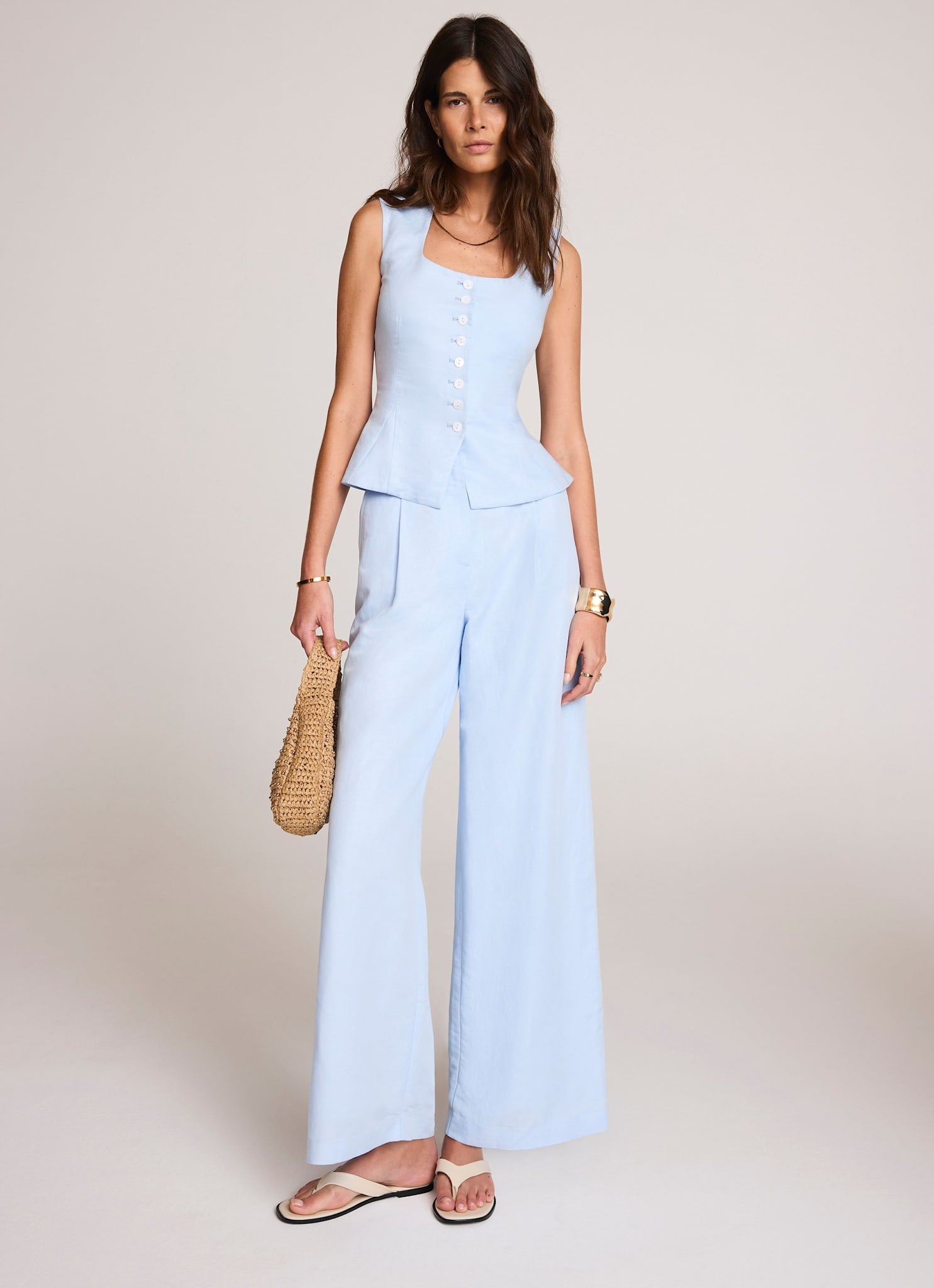 Blue Linen Blend Wide Leg Trousers