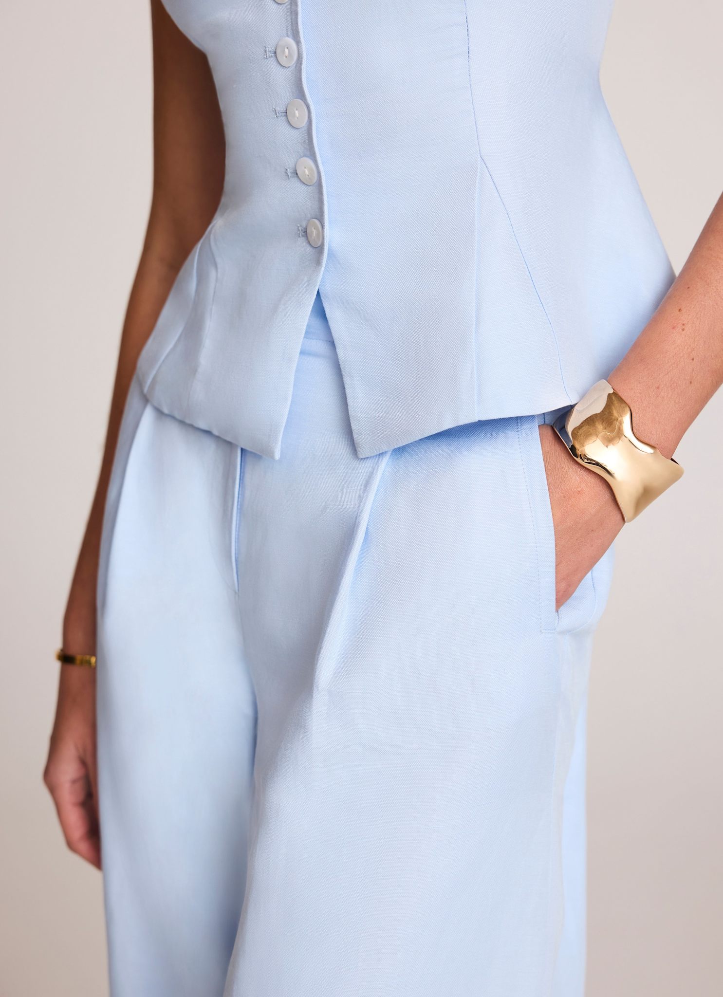 Blue Linen Blend Wide Leg Trousers