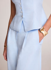 Blue Linen Blend Wide Leg Trousers