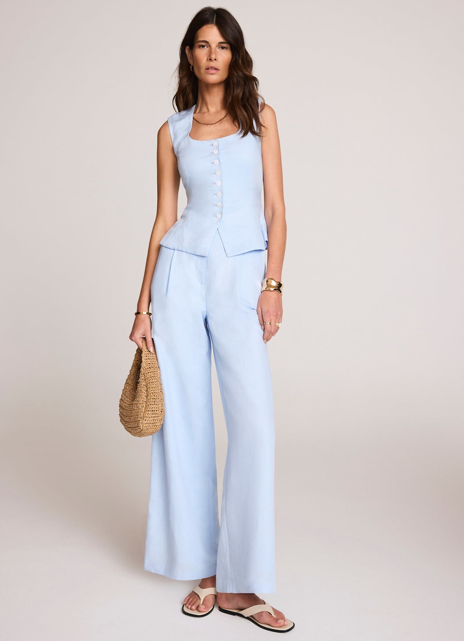 Blue Linen Blend Wide Leg Trousers