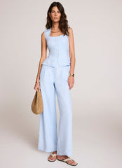 Blue Linen Blend Wide Leg Trousers