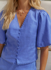 Blue Linen Puff Sleeve Top