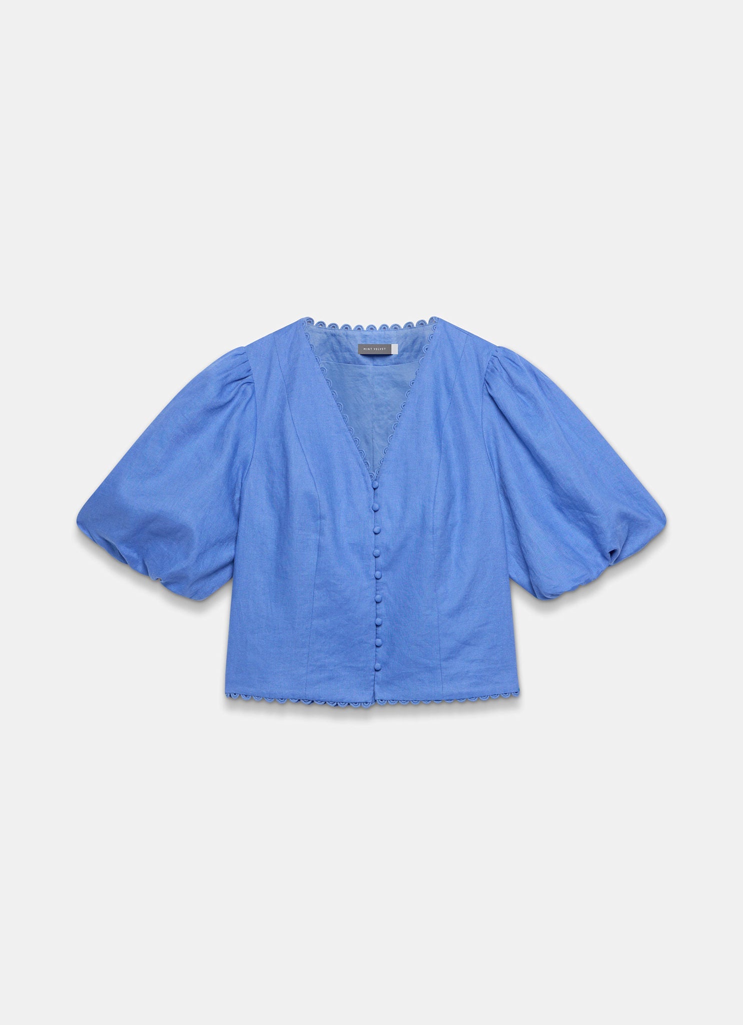 Blue Linen Puff Sleeve Top