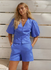 Blue Linen Scallop Hem Shorts