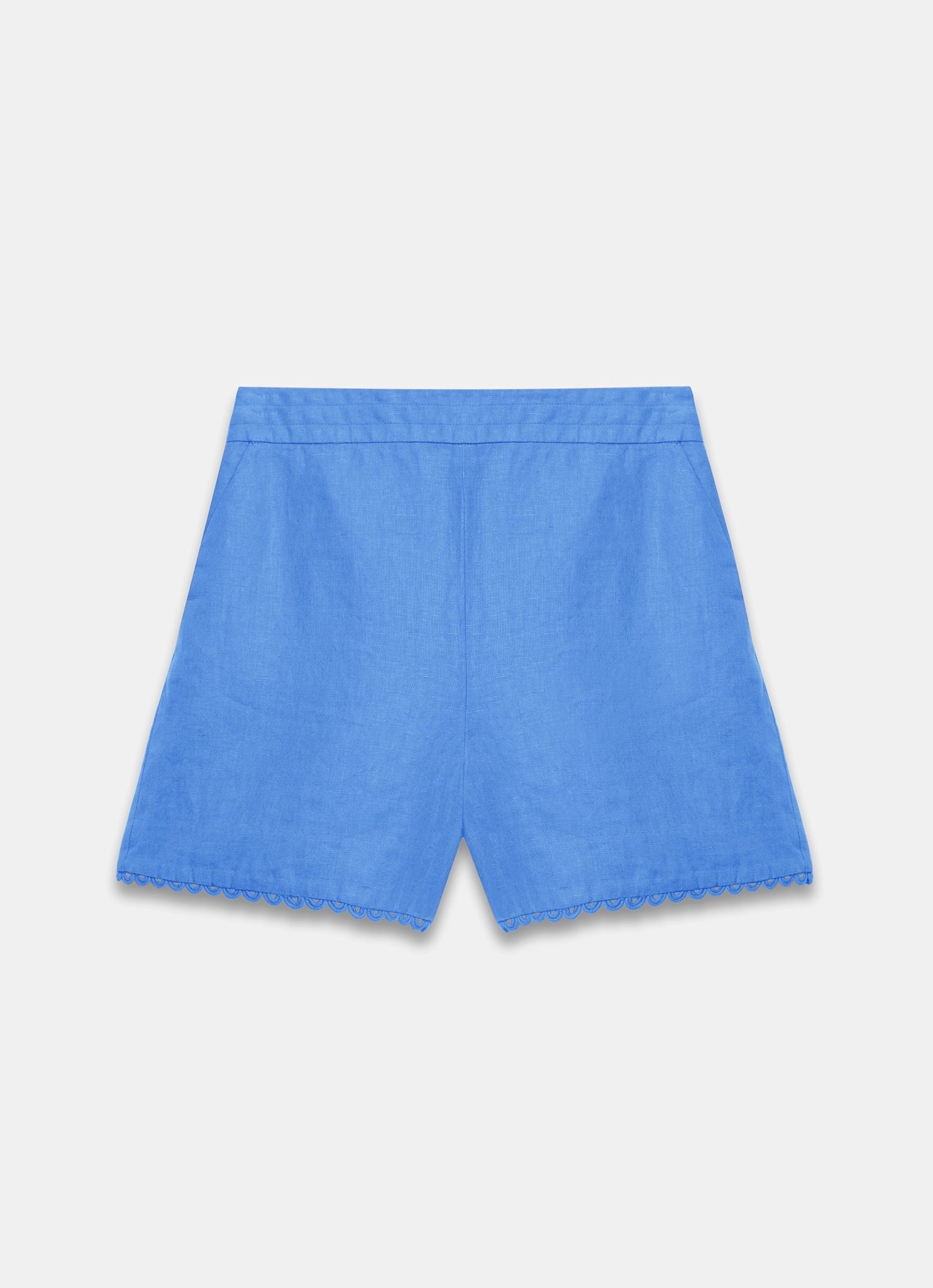 Blue Linen Scallop Hem Shorts