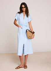 Blue Linen Midi Shirt Dress