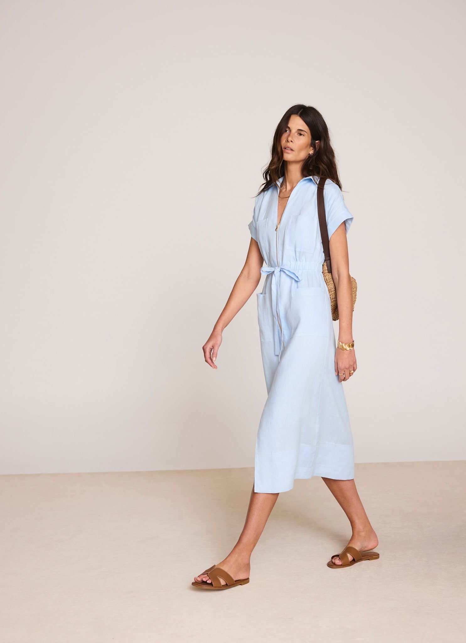 Blue Linen Midi Shirt Dress