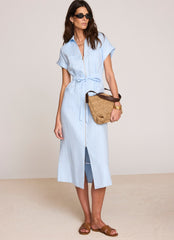 Blue Linen Midi Shirt Dress