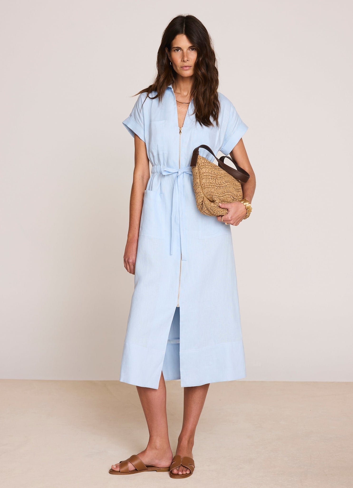 Blue Linen Midi Shirt Dress