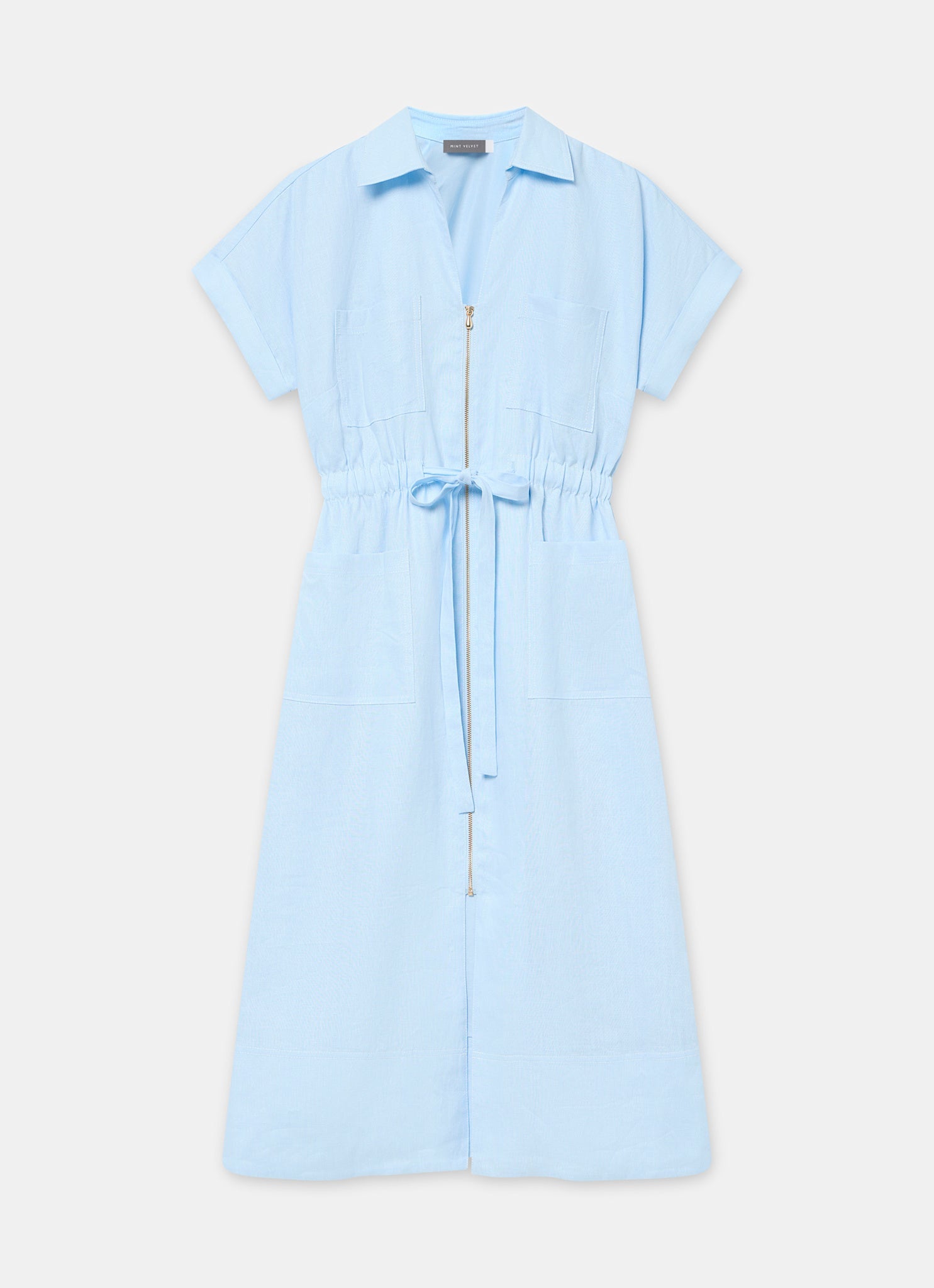 Blue Linen Midi Shirt Dress