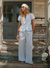 Pale Blue Linen Drawstring Wide Leg Trousers