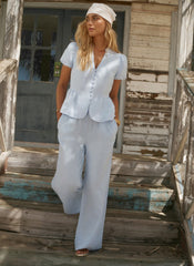 Pale Blue Linen Drawstring Wide Leg Trousers