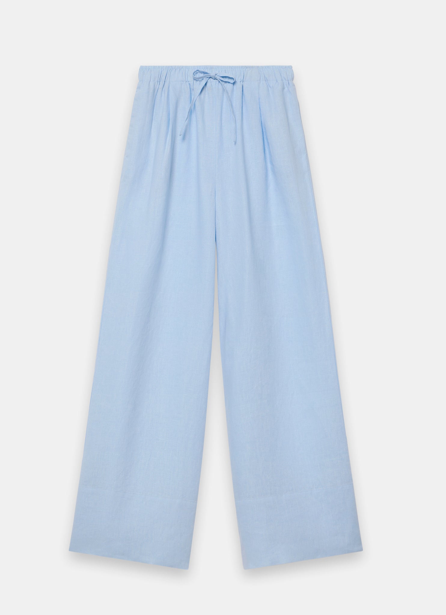Pale Blue Linen Drawstring Wide Leg Trousers