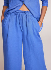 Blue Linen Drawstring Wide Leg Trousers