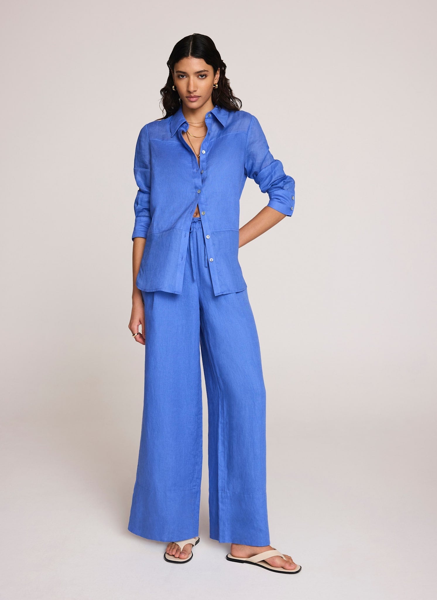 Blue Linen Drawstring Wide Leg Trousers