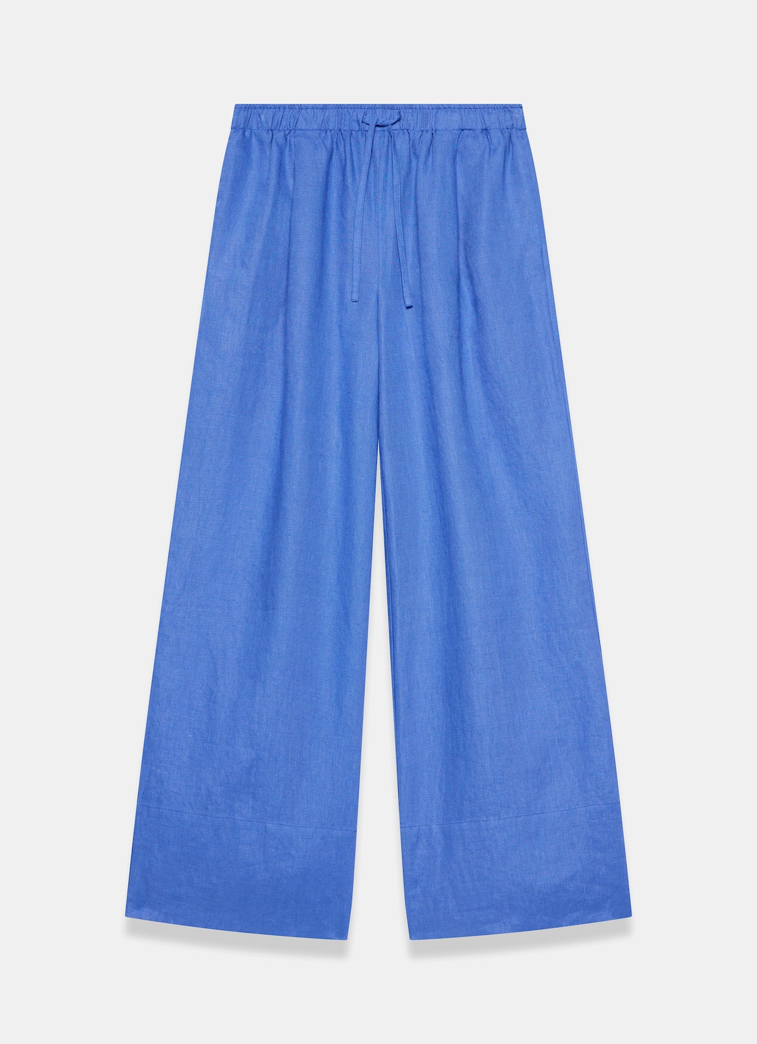 Blue Linen Drawstring Wide Leg Trousers