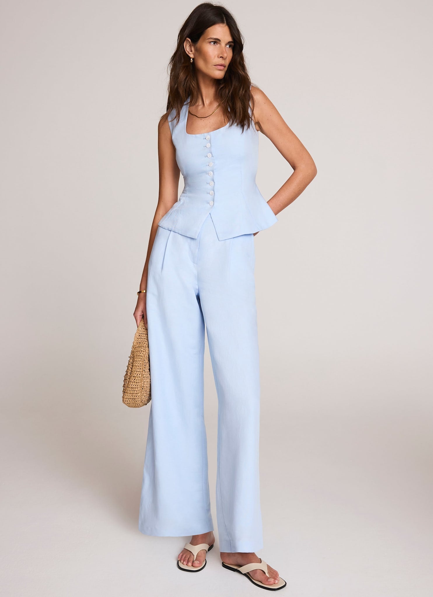 Pale Blue Linen Blend Peplum Waistcoat