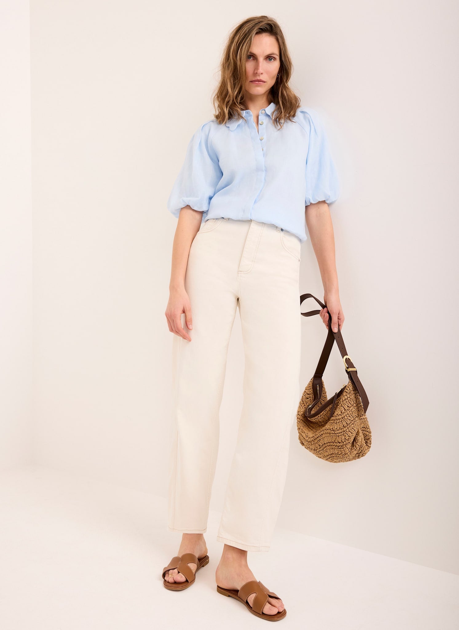 Blue Ramie Scallop Puff Sleeve Shirt