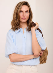 Blue Ramie Scallop Puff Sleeve Shirt