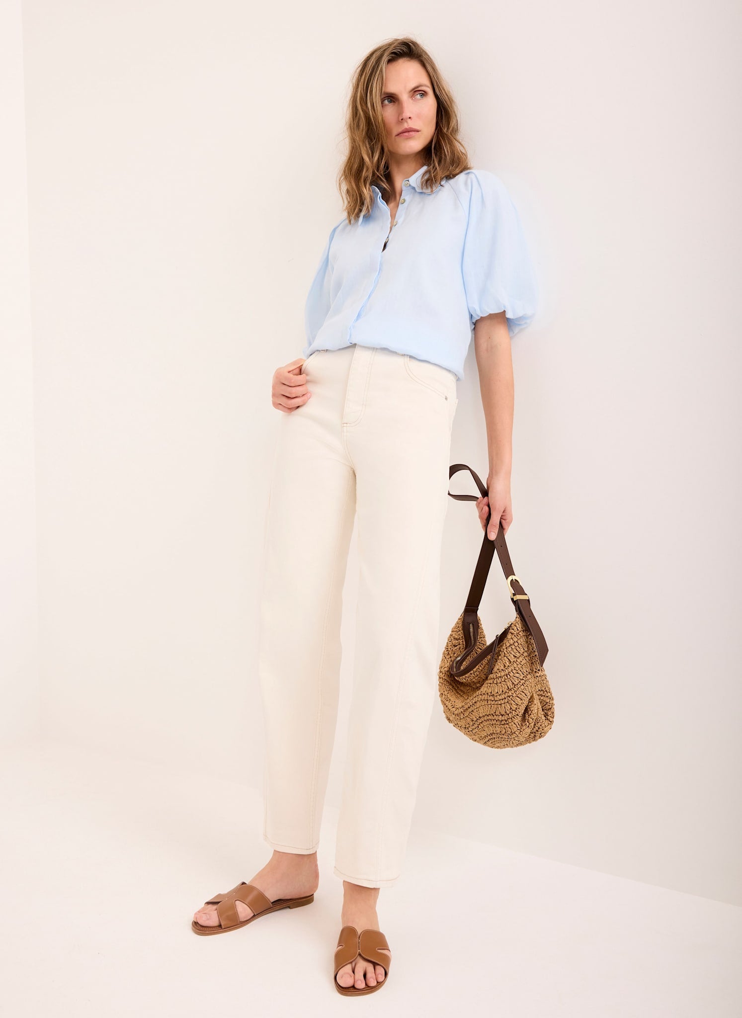 Blue Ramie Scallop Puff Sleeve Shirt