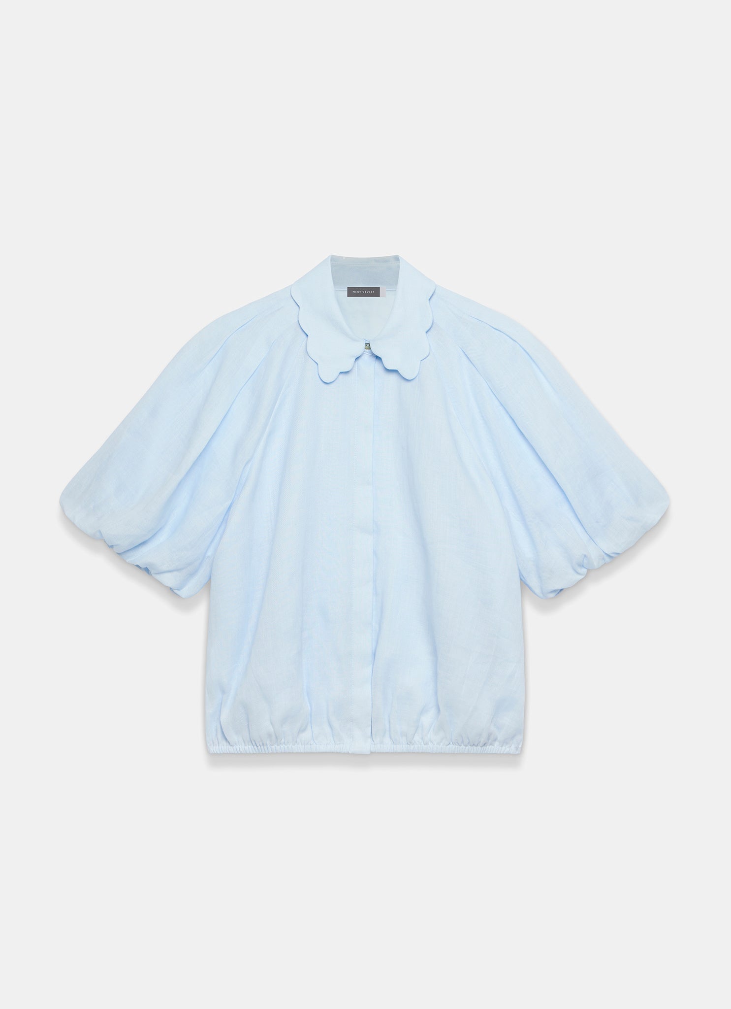Blue Ramie Scallop Puff Sleeve Shirt