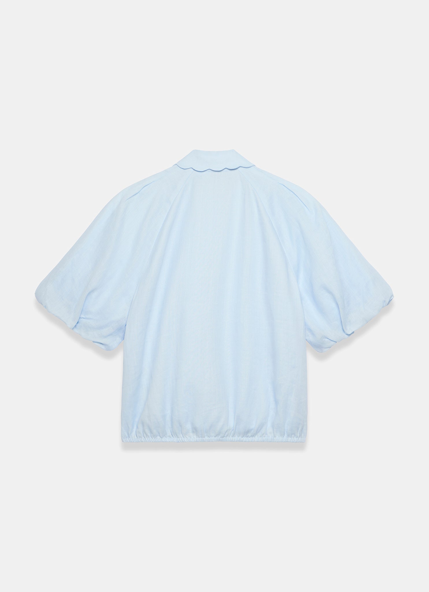 Blue Ramie Scallop Puff Sleeve Shirt