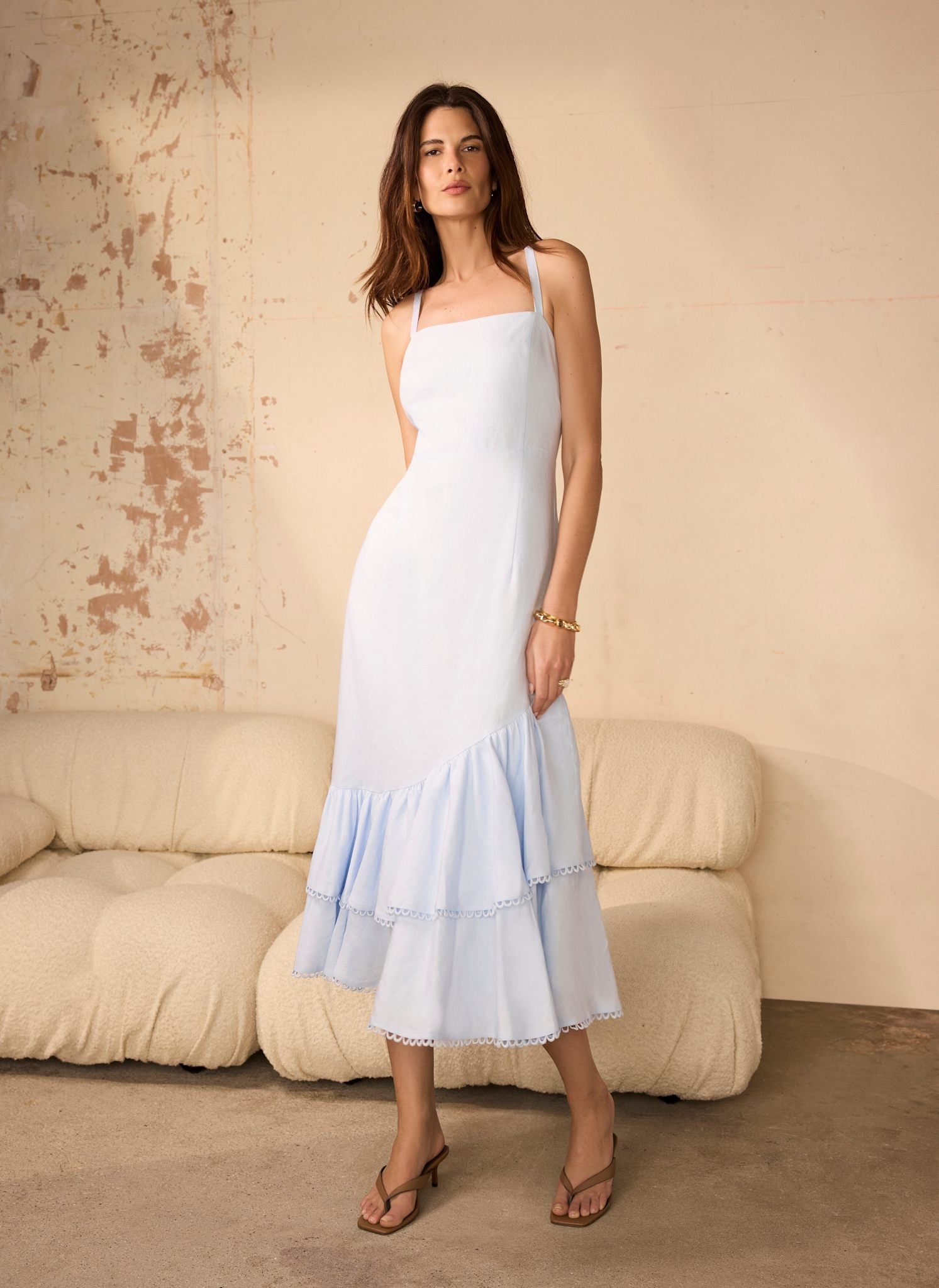 Blue Linen Blend Ruffle Midi Dress