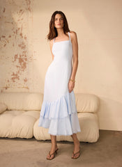 Blue Linen Blend Ruffle Midi Dress