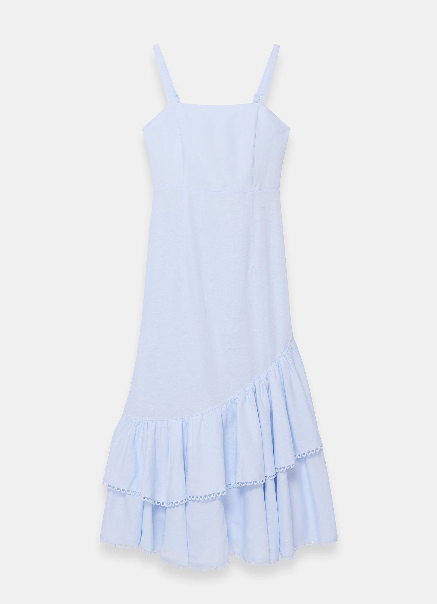 Blue Linen Blend Ruffle Midi Dress