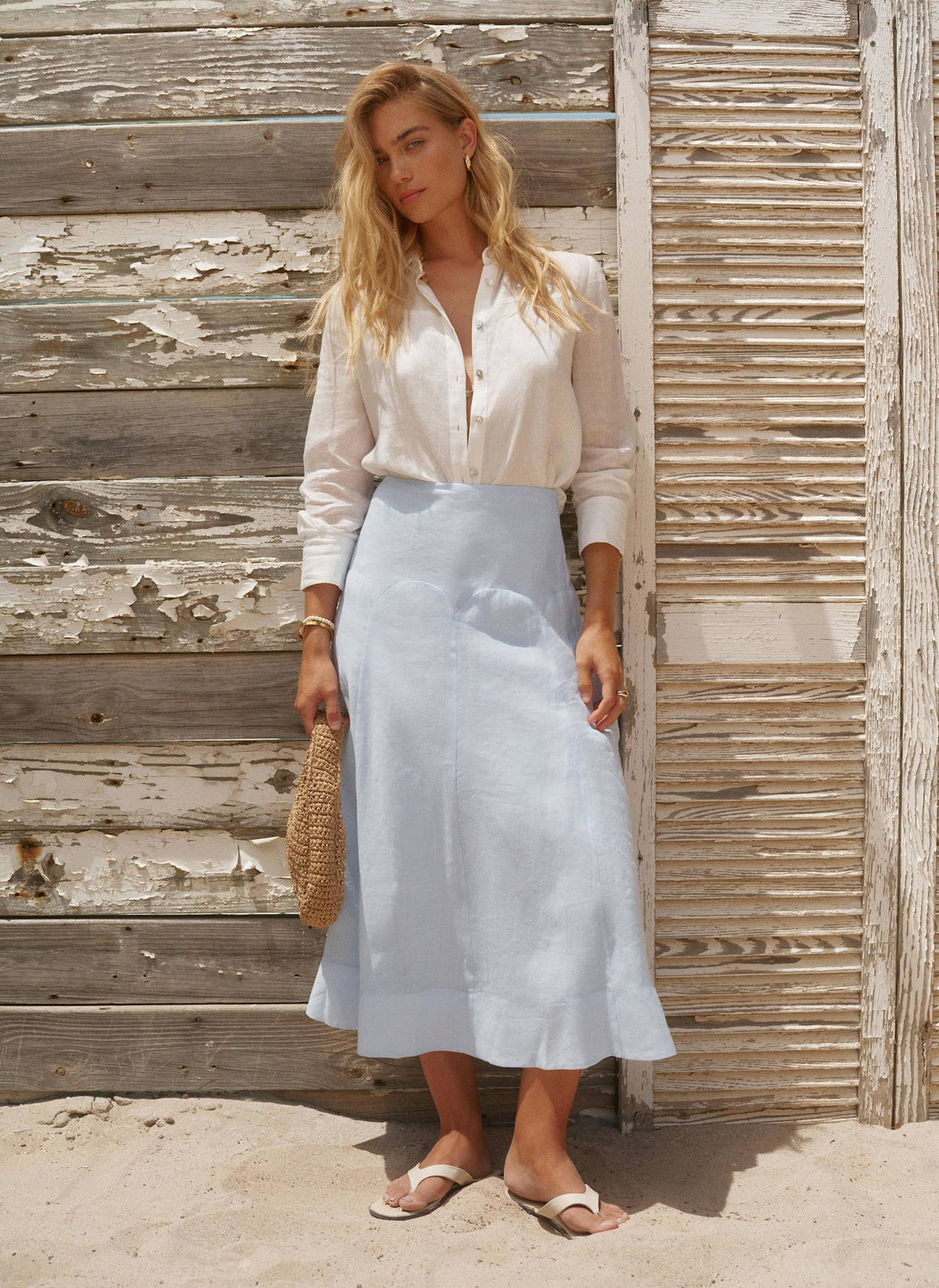Blue Ramie Drop Waist Midi Skirt