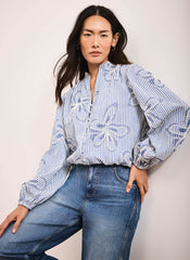 Blue Striped Embroidered Floral Blouse