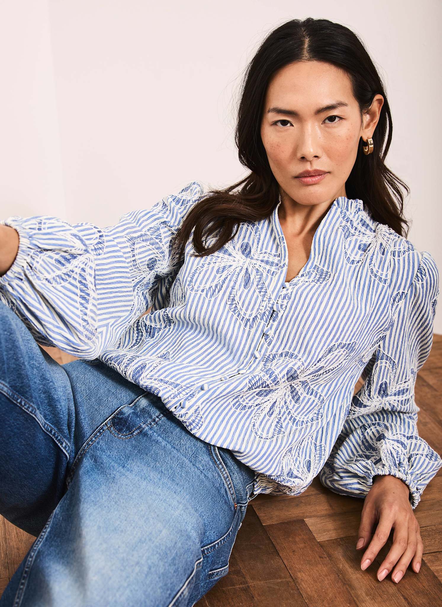 Blue Striped Embroidered Floral Blouse