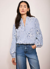Blue Striped Embroidered Floral Blouse