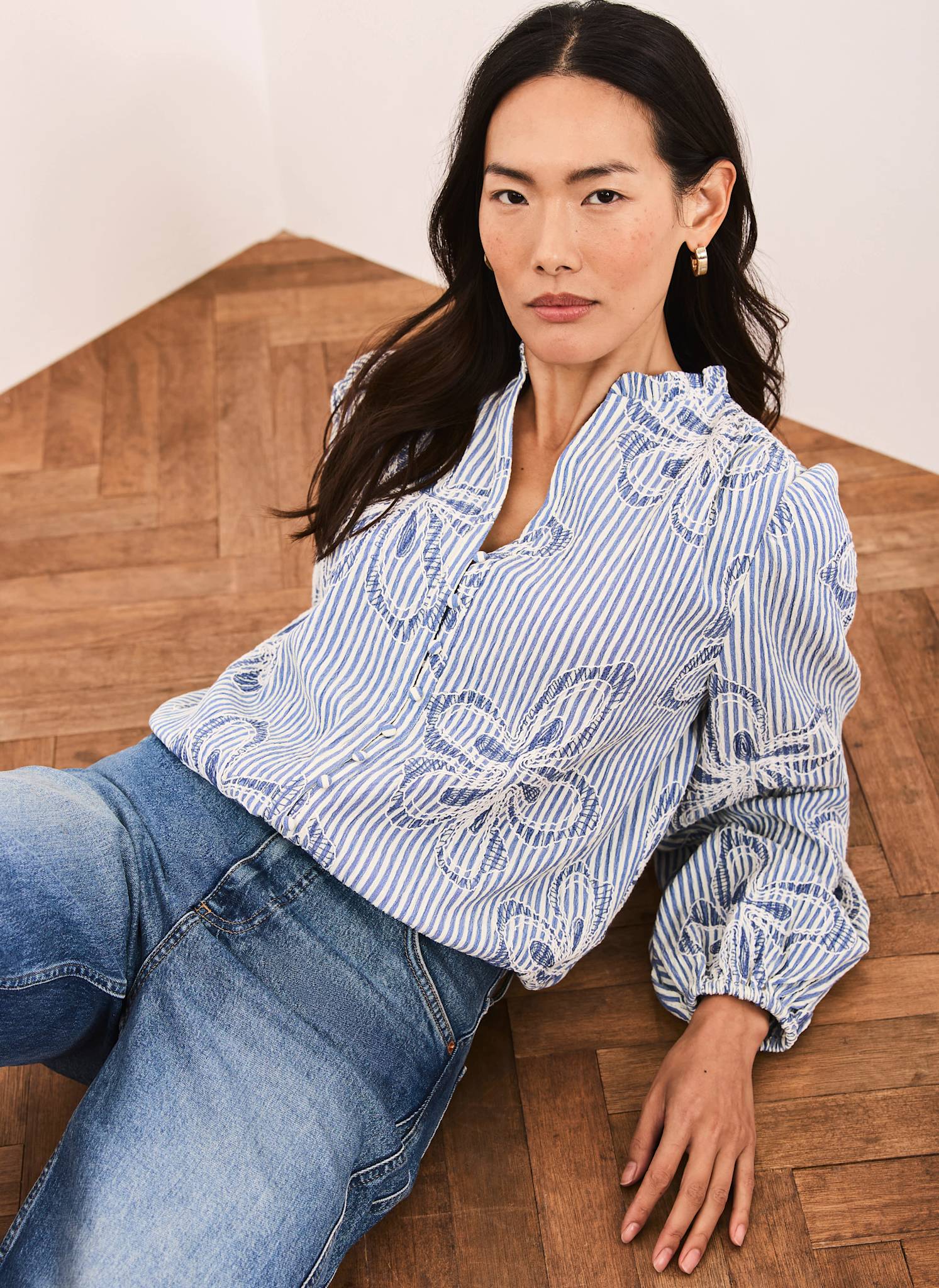Blue Striped Embroidered Floral Blouse