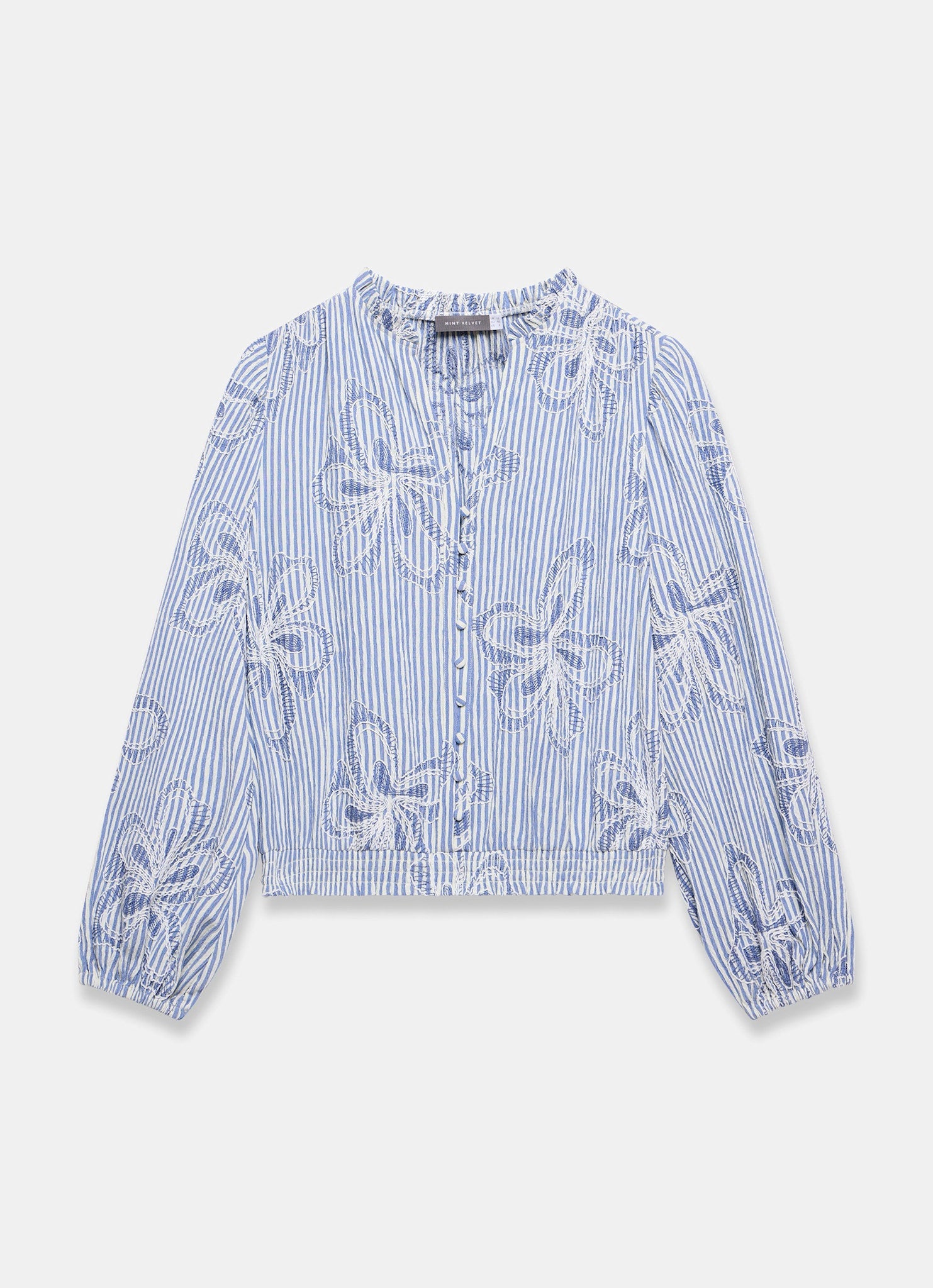 Blue Striped Embroidered Floral Blouse