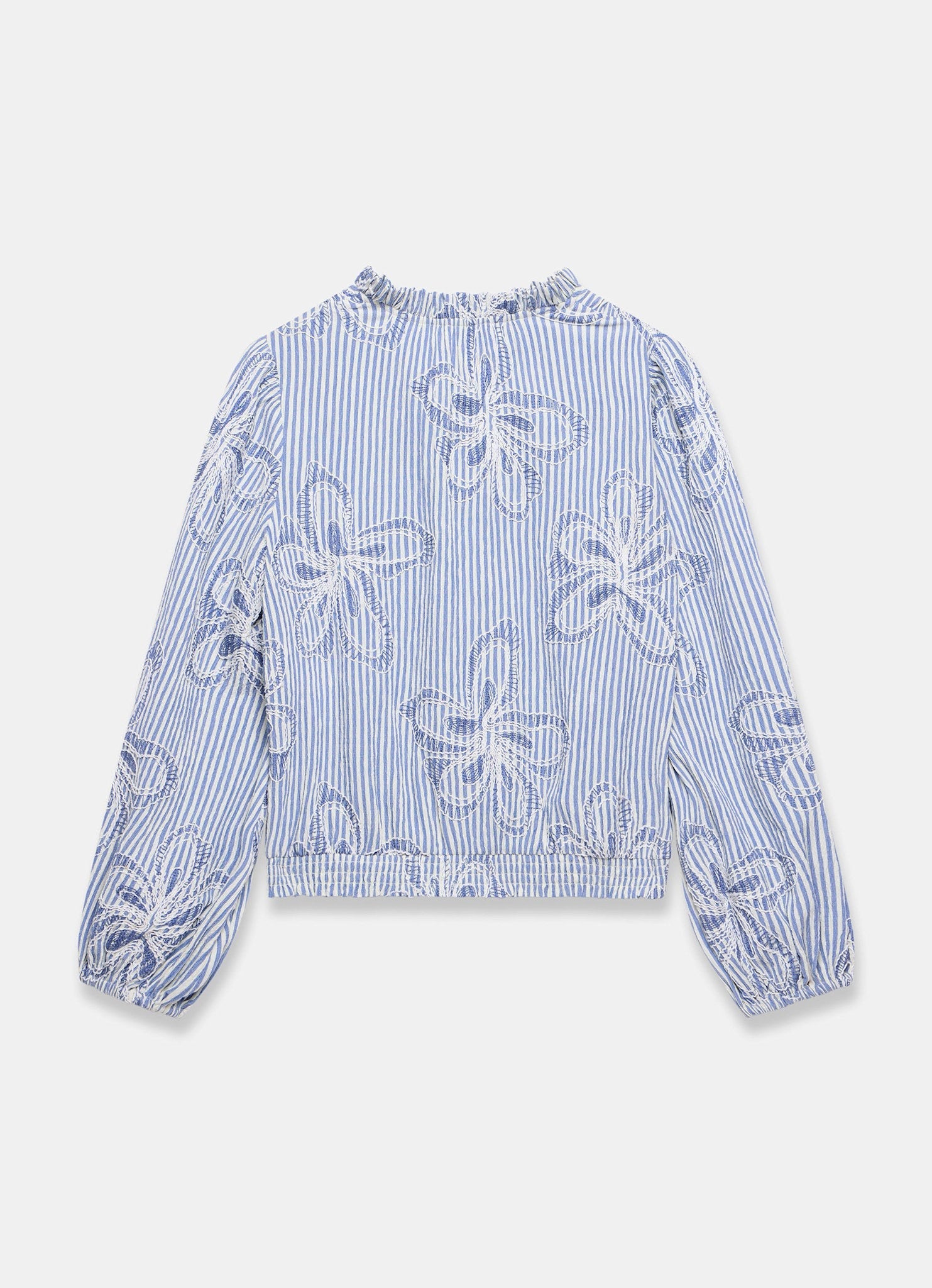 Blue Striped Embroidered Floral Blouse