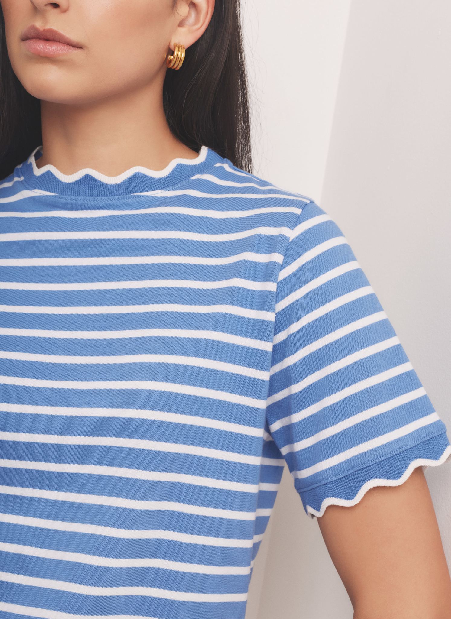Blue Cotton Striped Scallop T-Shirt