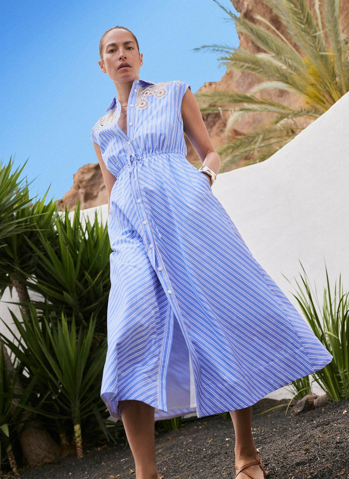Blue Striped Midi Shirt Dress